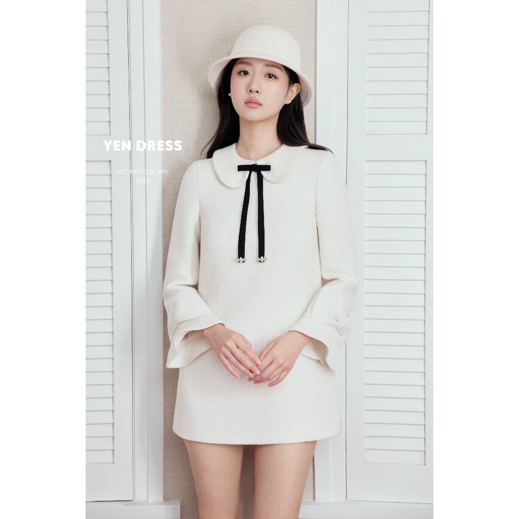 JOIE DES ROSES - Váy tweed trắng cổ sen phối nơ Yen Dress