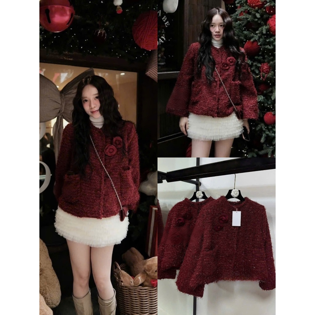 (Hàng Cao Cấp): Áo Khoác Dạ Kim Tuyến Chất Xù Tặng Kèm 2 Hoa Trà Hàng 2 Lớp Mặc Noel, Tết Siêu Hợp-Ả