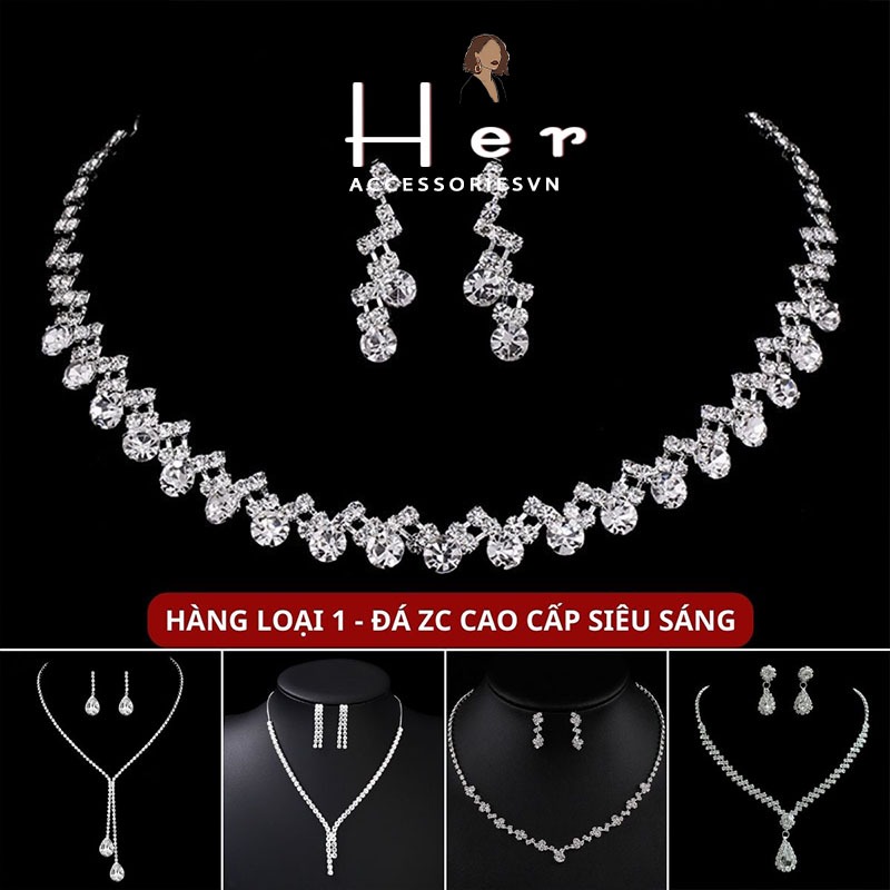 Bộ trang sức đính đá cao cấp Her Accessories, Set dây chuyền, bông tai đi tiệc đá ZC cao cấp, sang trọng, hàn quốc