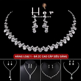 Bộ trang sức đính đá cao cấp Her Accessories, Set dây chuyền, bông tai đi tiệc đá ZC cao cấp, sang trọng, hàn quốc