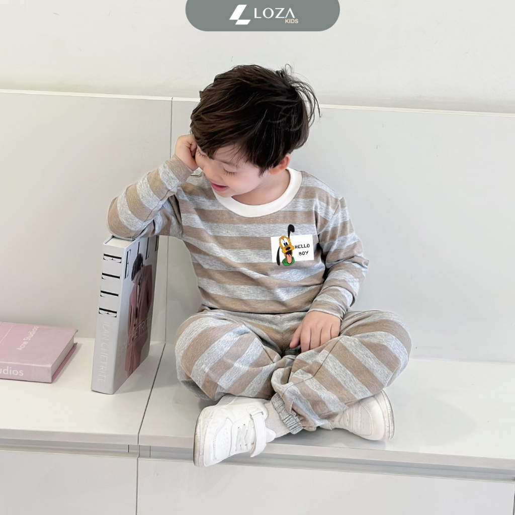 Bộ thu đông kẻ bé trai in Pluto - Bộ quần áo dài tay cho bé trai cân nặng từ 15-43kg - Loza Kids TK5