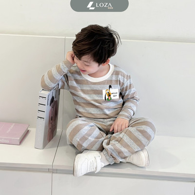 Bộ thu đông kẻ bé trai in Pluto - Bộ quần áo dài tay cho bé trai cân nặng từ 15-43kg - Loza Kids TK550