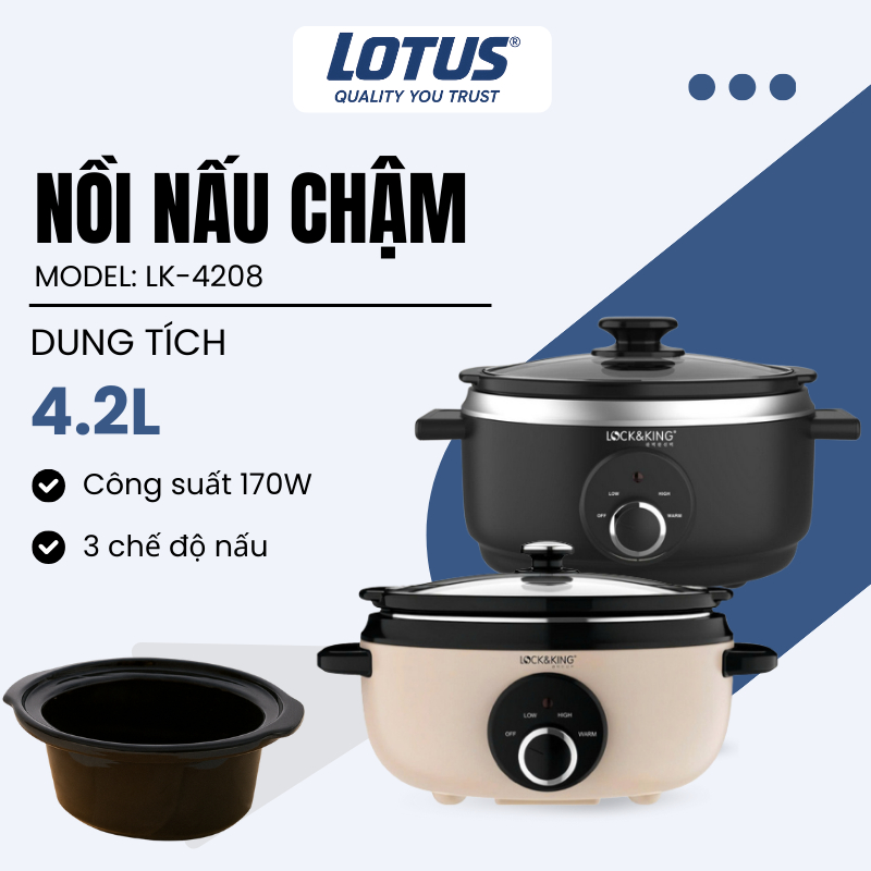 Nồi Nấu Chậm Lock&King LK-4208 Công Suất 170W Lòng Nồi Gốm Ceramic Hầm Chậm, Kho Cá, Nấu Cháo
