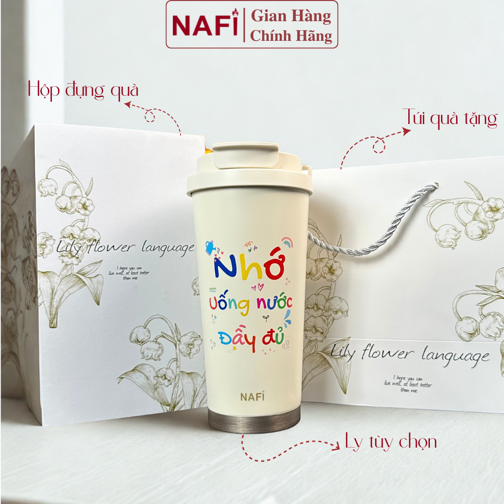 Ly giữ nhiệt NAFI tráng sứ cao cấp, ly giữ nhiệt inox 316 dung tích 520ml tặng kèm ống hút và bộ vệ sinh, in đất nước