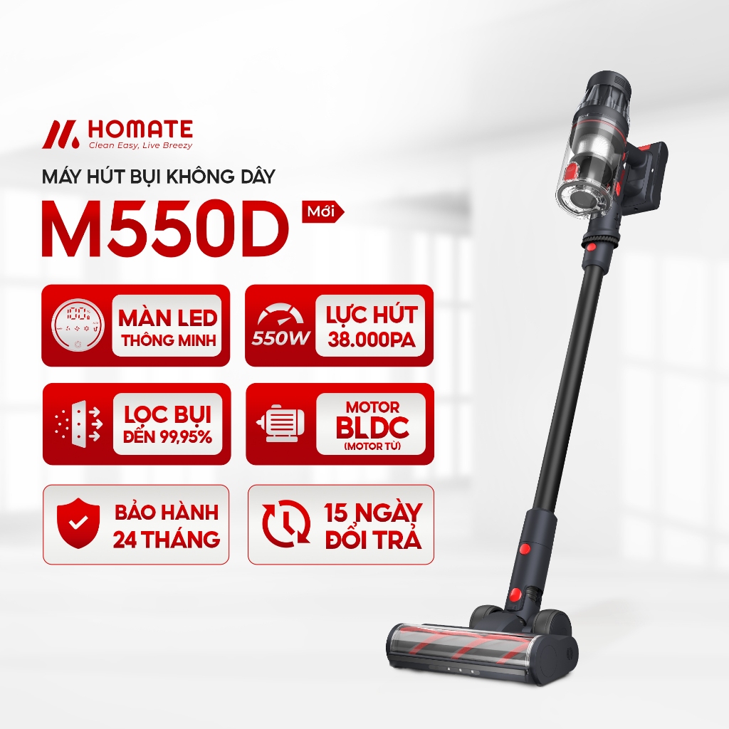 [Chính hãng] Máy Hút Bụi Gia Đình Không Dây HOMATE M550D, Motor BLDC, Công suất 550W, 38.000Pa, Lọc Hepa 99.95%
