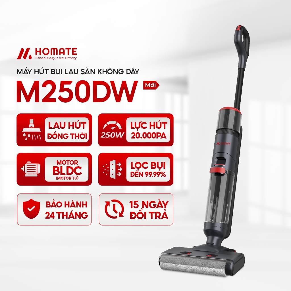Máy Hút Bụi - Lau Nhà Gia Đình Không Dây HOMATE M250DW, Motor BLDC 250W - 20.000Pa, Lọc Hepa 99.99%