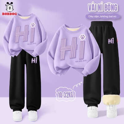 Bộ dài tay bé gái BOBDOG, đồ bộ bé gái chất liệu nỉ bông ấm áp in hình chữ HI cute cho bé HA01-KS65