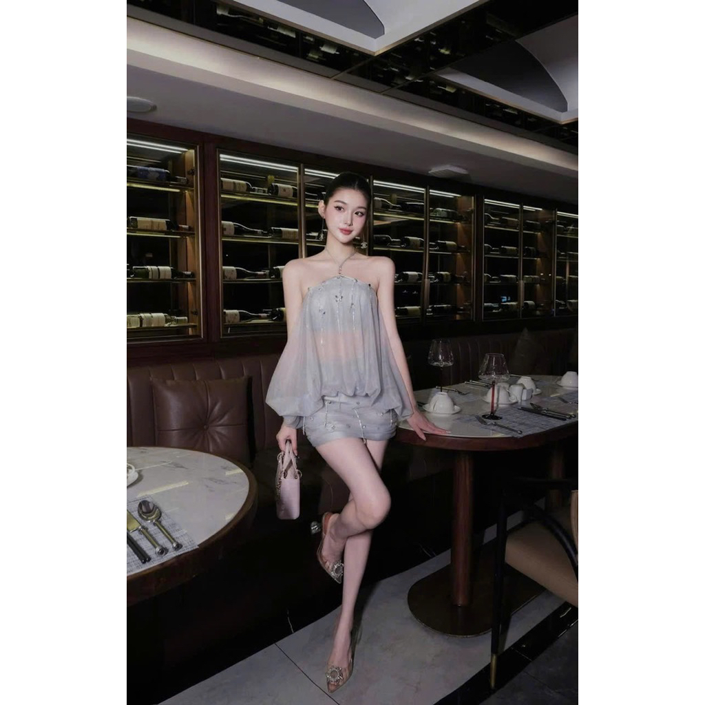 Hion Store - Set áo xám cổ yếm hở lưng + chân váy đính đá