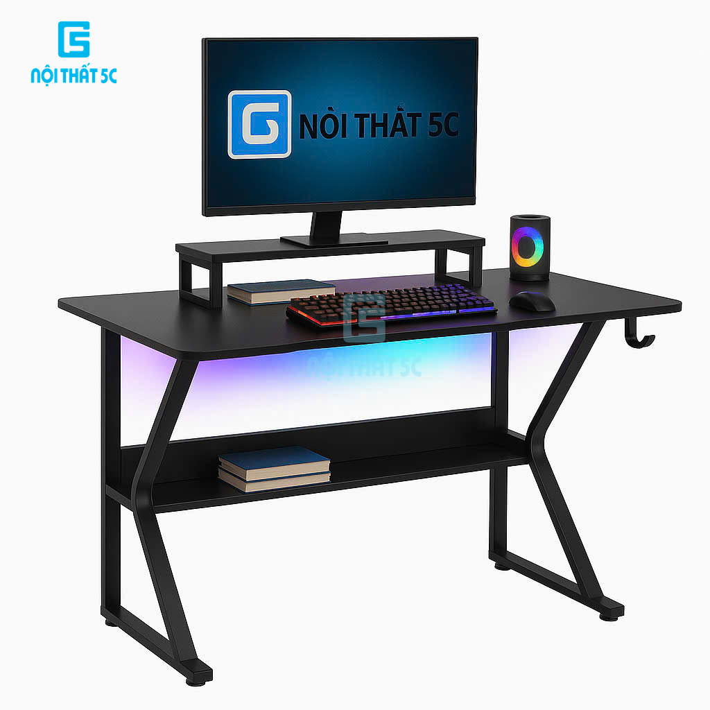 Bàn làm việc, bàn gaming chân C uốn cong thiết kế mới lạ kèm kệ để sách tiện lợi, học tập để máy tín