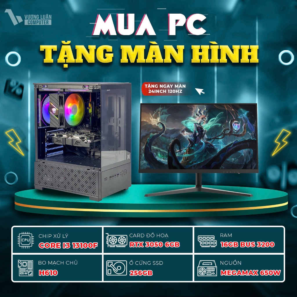Full Bộ PC Gaming Intel Core i3 13100F - RTX 3050 6GB - 16GB - SSD 256GB (Tặng kèm màn hình 24inch)