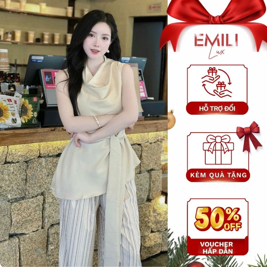 Set áo lụa cổ tròn phối tà EMILI LUX mix quần ống suông kẻ sọc phong cách Hàn Quốc [B143]