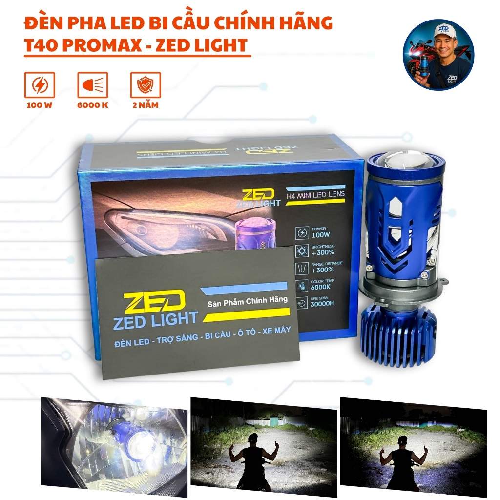 Đèn Pha Bi Cầu T40 PROMAX ZED LIGHT - 100W Bản Cao Cấp Siêu Sáng Lắp Pha Xe Máy Và Oto Chân Đèn H4