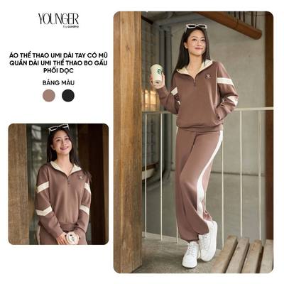 Đồ bộ nữ YOUNGER BY CARDINA tách sét vải umi áo dài tay có mũ phối viền  và quần suông cạp chun 5YANF29, 5YQDT29
