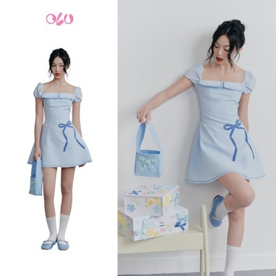 Đầm OLV thêu nơ cổ vuông trẻ trung thanh lịch Blue Embro Square Neck Dress phù hợp đi chơi