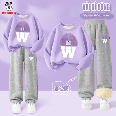 Bộ dài tay bé gái BOBDOG chất liệu nỉ bông ấm áp in hình chữ W cho bé RU-KS66