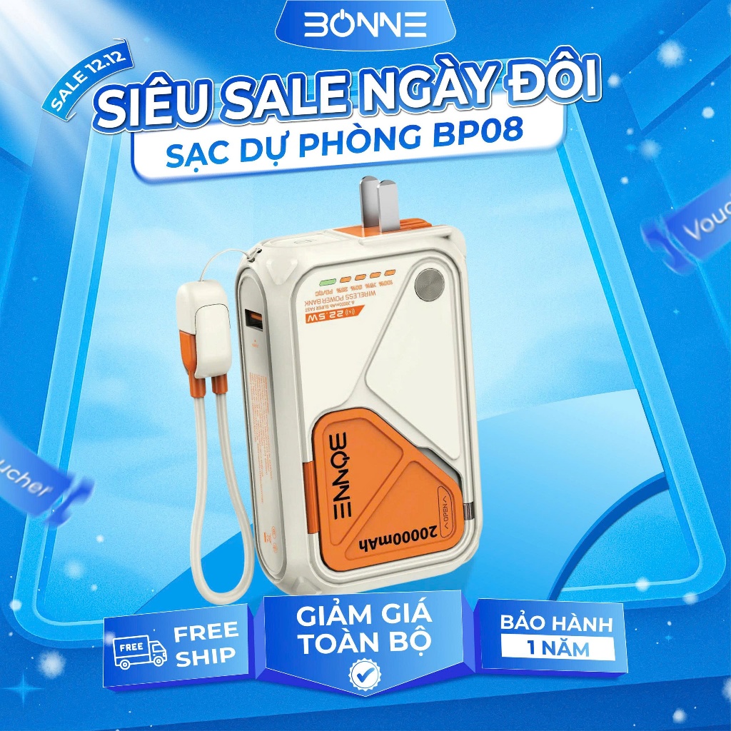 [Hỏa Tốc ] Sạc Dự Phòng Kiêm Củ Sạc Nhanh BP08 Chính Hãng BONNE tích hợp sạc không dây 10.000/20.000mAh