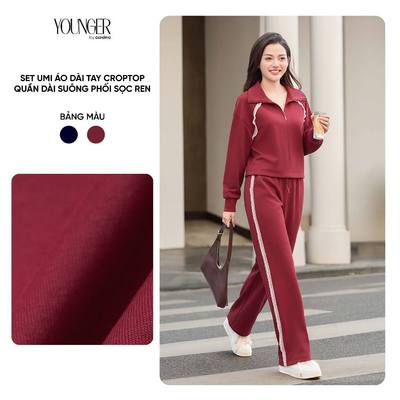 Đồ bộ nữ YOUNGER BY CARDINA tách sét vải umi áo dài tay phối viền ren và quần suông cạp chun 5YANF18, 5YQDR18