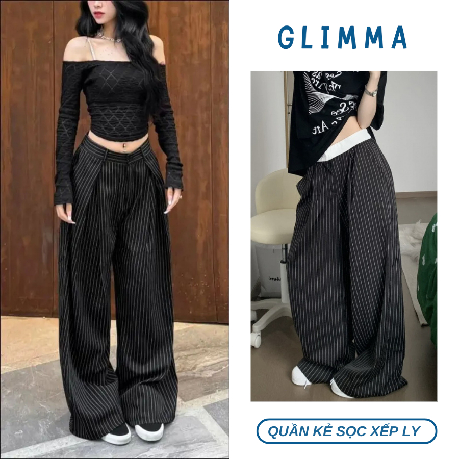 Quần Kẻ Sọc Xếp Ly, Quần Kẻ Sọc Ống Rộng Cạp Trễ Cho Nữ Phong Cách Hàn Quốc | BigBuy360 - bigbuy360.vn
