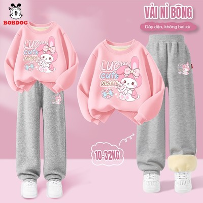 Bộ dài tay bé gái BOBDOG chất liệu nỉ bông ấm áp in hình thỏ hồng cute cho bé RU-KS72