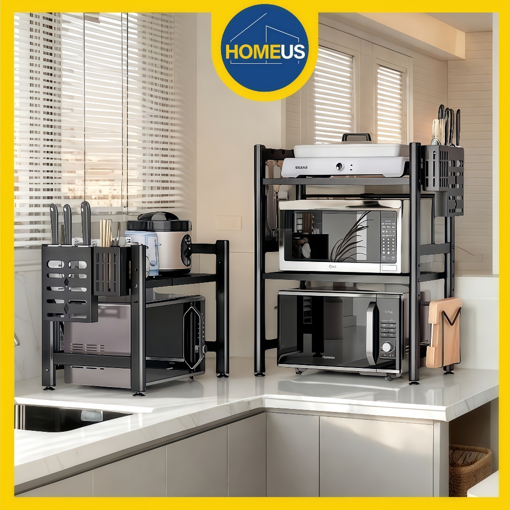 Homeus Kệ Tủ Để Đồ Nhà Bếp Đa Năng, Giá Lò Vi Sóng, Chống Bụi, Có Tủ & Có Ngăn Kéo【Thép Carbon Đen】