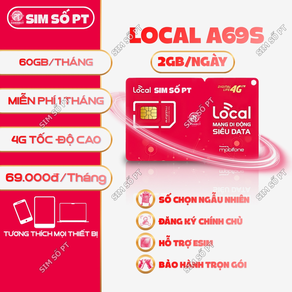 Sim Local A69s Sóng Mobifone 60GB tốc độ cao 1 tháng, Đã nạp sẵn gói cước tháng đầu