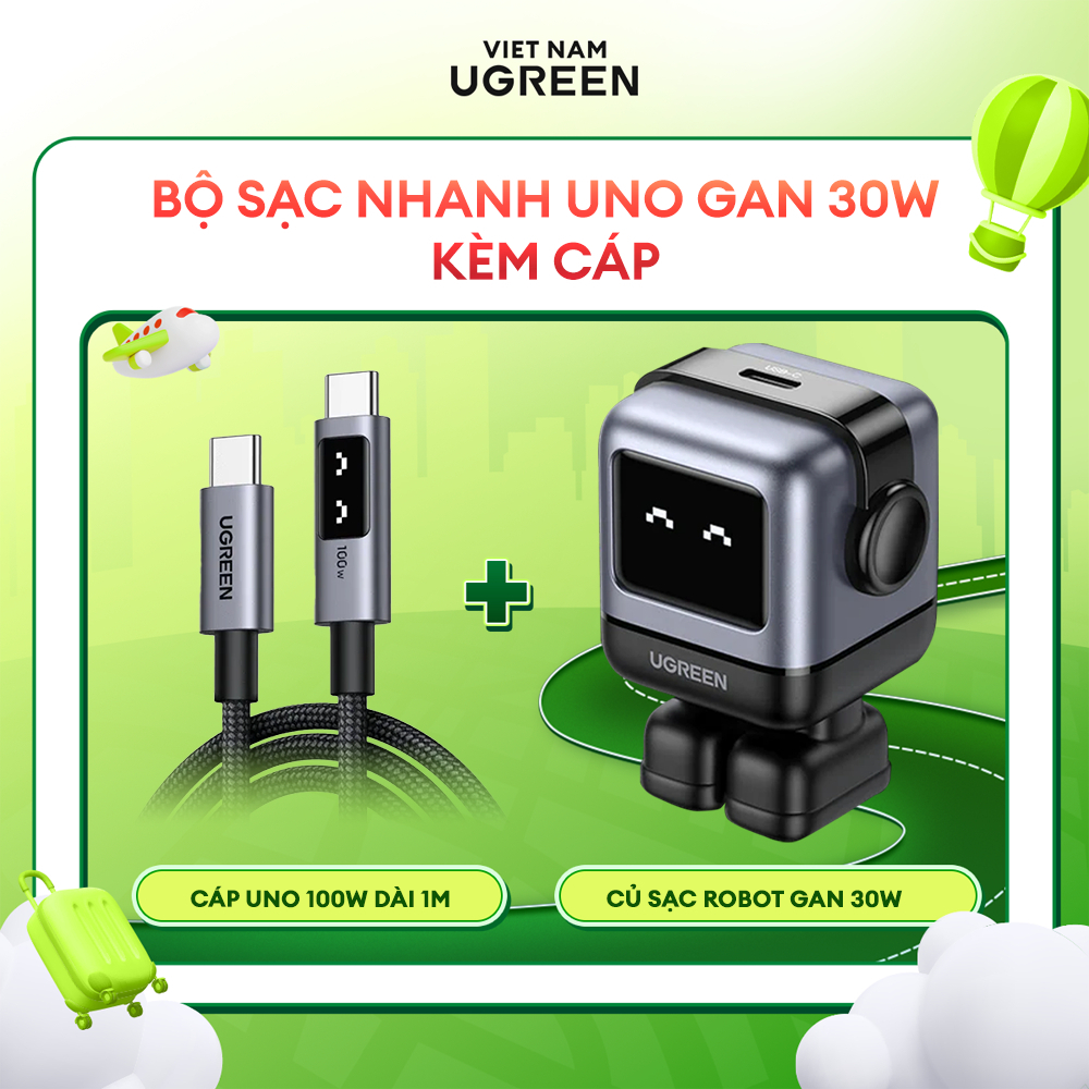 Bộ sạc nhanh Ugreen Robot 30W/65W kèm cáp USB-C 60W/100W dành cho iPhone 15, iPhone 16 - Bảo hành 18