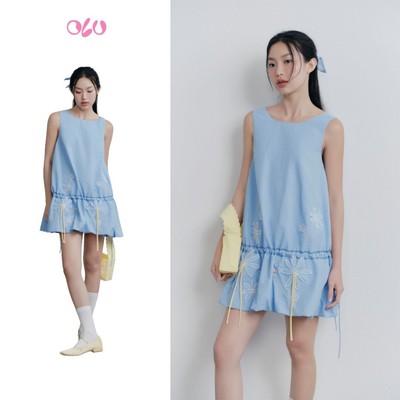 Đầm suông OLV thêu tay hình hoa dễ thương Baby Blue Puff Embro Dress phù hợp đi chơi