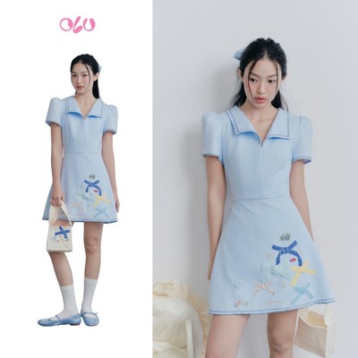 Đầm OLV midi thêu tay hình nơ dễ thương Baby Blue Collar Embro Dress phù hợp đi chơi