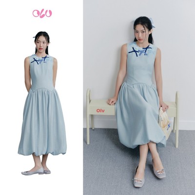 Đầm bí OLV dáng dài thêu đính nơ nữ tính Baby Blue Waisted Embro Dress phù hợp đi chơi đi làm