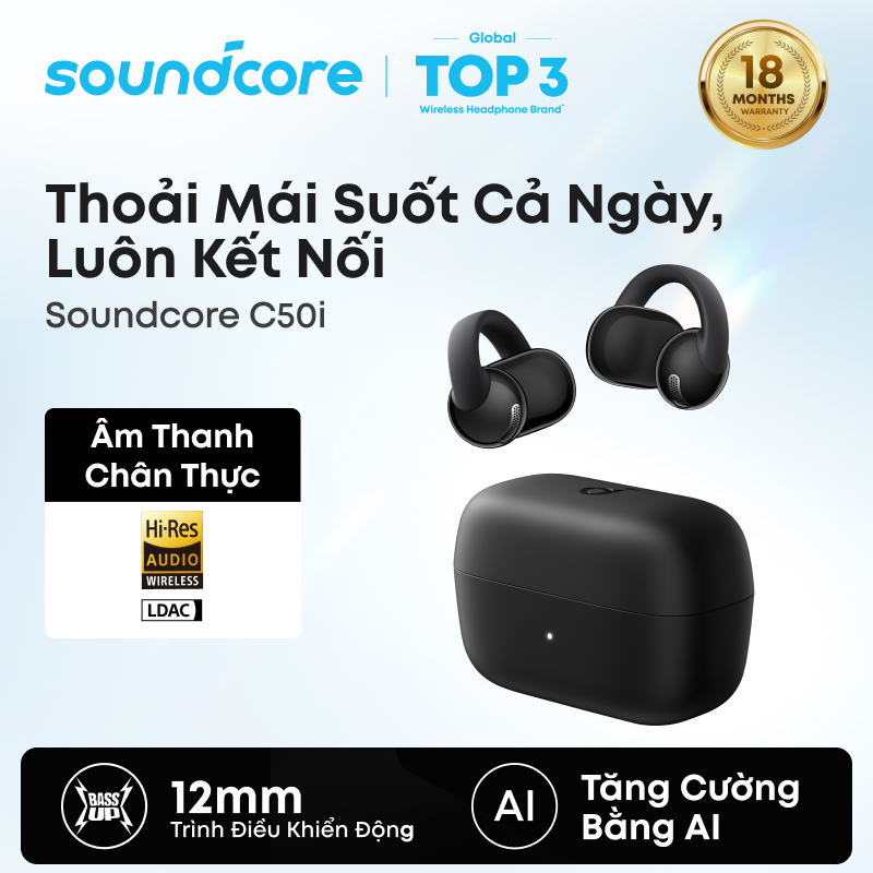 Soundcore C50i by Anker, Open-Ear Headphones, Clip-On Earbuds, AI-Enhanced Calls, Comfortable and Ic
