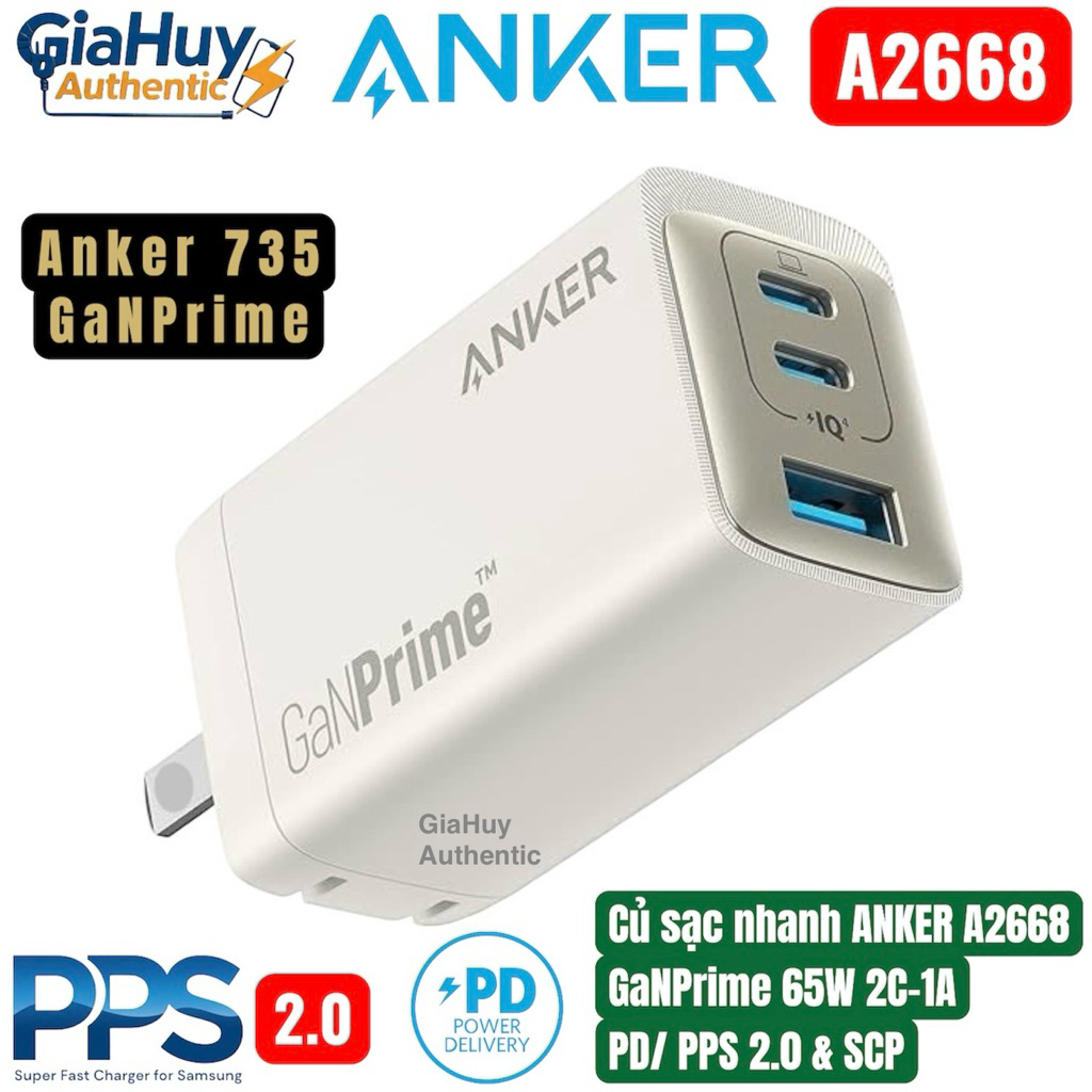 Củ sạc nhanh ANKER 735 GaNPrime 2C-1A PPS 2.0/PD 65W - Mã hàng ANKER A2668