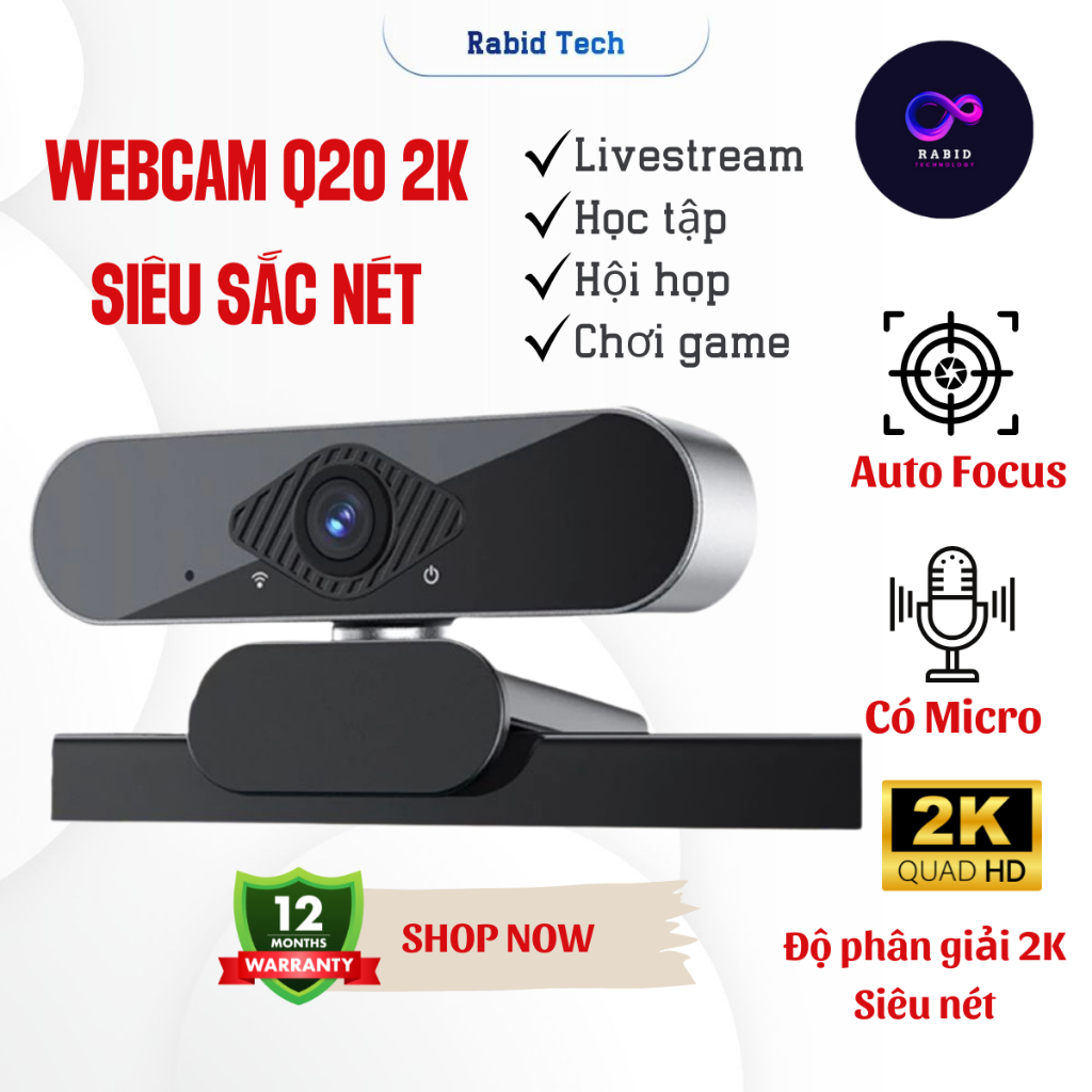 Webcam máy tính laptop cao cấp Q20 PRO Độ Phân Giải 2K Siêu Nét, Tích hợp Micro - BH12T