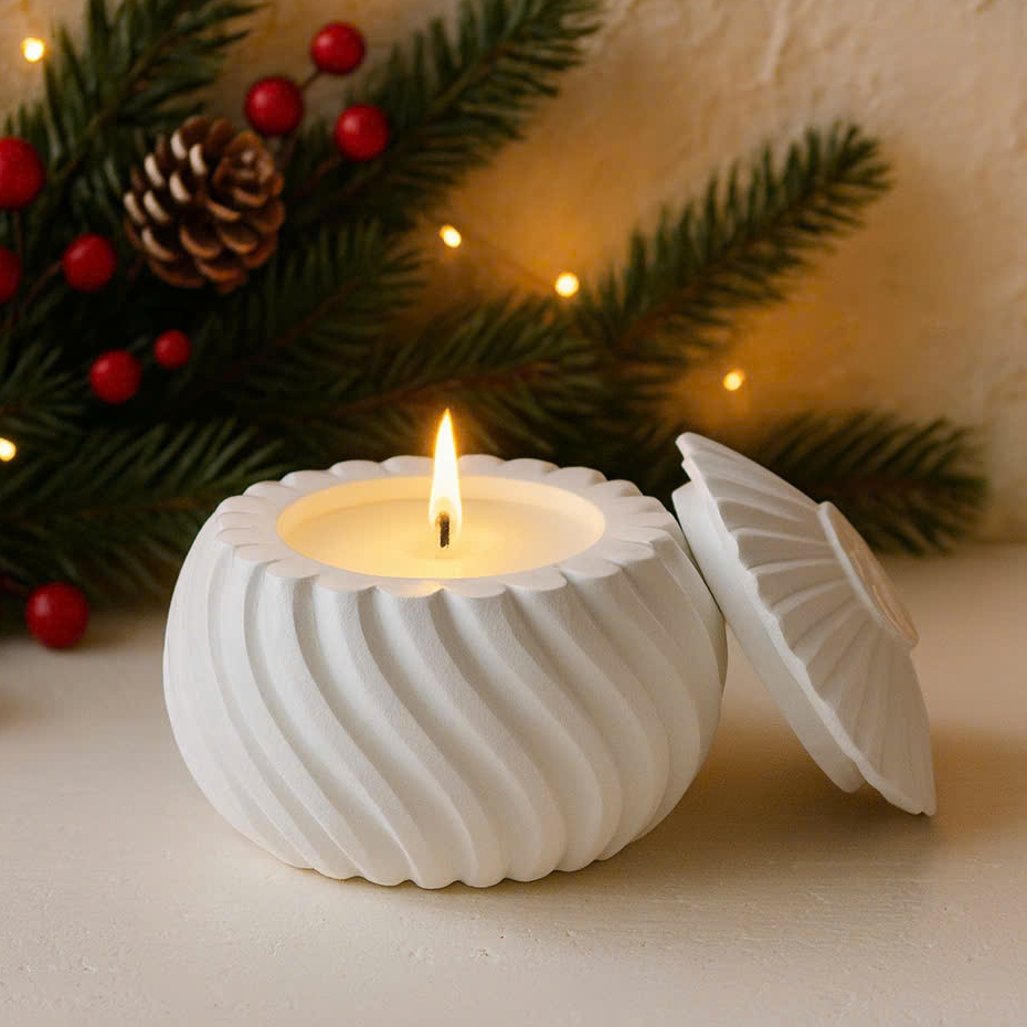 Hũ xi măng trắng tròn sọc séo, size 9x6, dùng đựng nến thơm, decor trang trí sang trọng