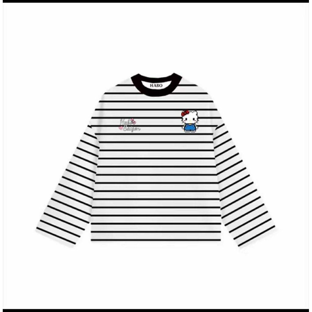 Áo thun kẻ sọc dài tay in hình kitty habo