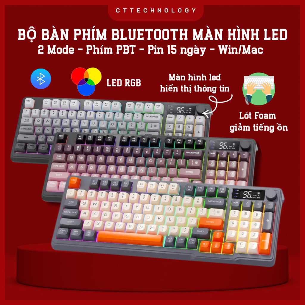 Bàn Phím Không Dây, Bộ Bàn Phím Và Chuột Máy Tính Bluetooth CTTech M96- Led RGB- Chống ồn-BH12T