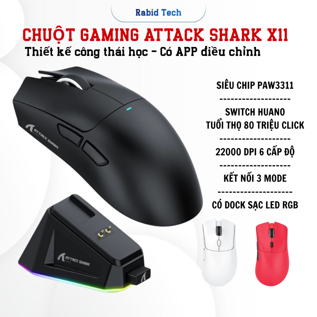 Chuột Gaming Không Dây Bluetooth Chuyên Gaming Rabid Tech Attack Shark X11 Chip Khủng PRO PAW3311, D