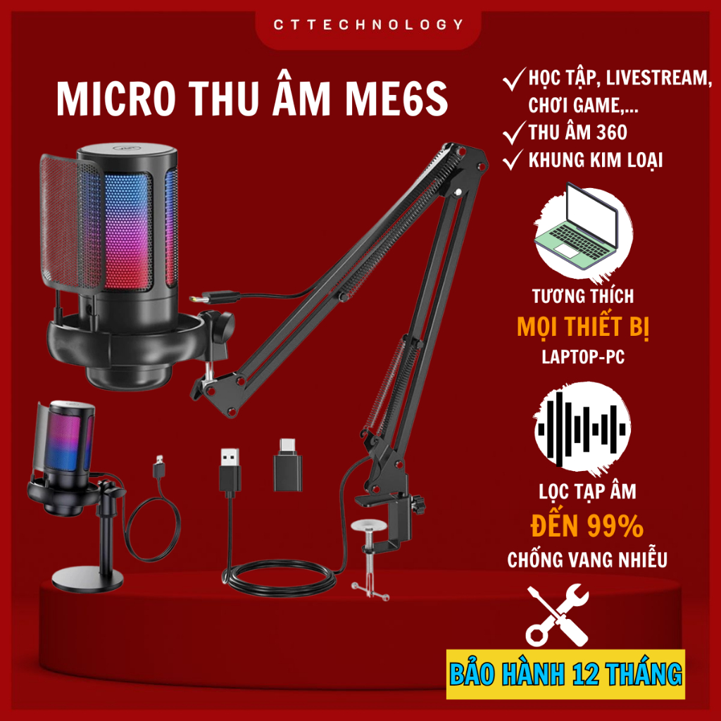 Micro Livestream Thu Âm Chuyên Nghiệp CTTech ShouFei ME6S LED RGB, Màng Lọc Tạp Âm, Thu Âm Đa Hướng