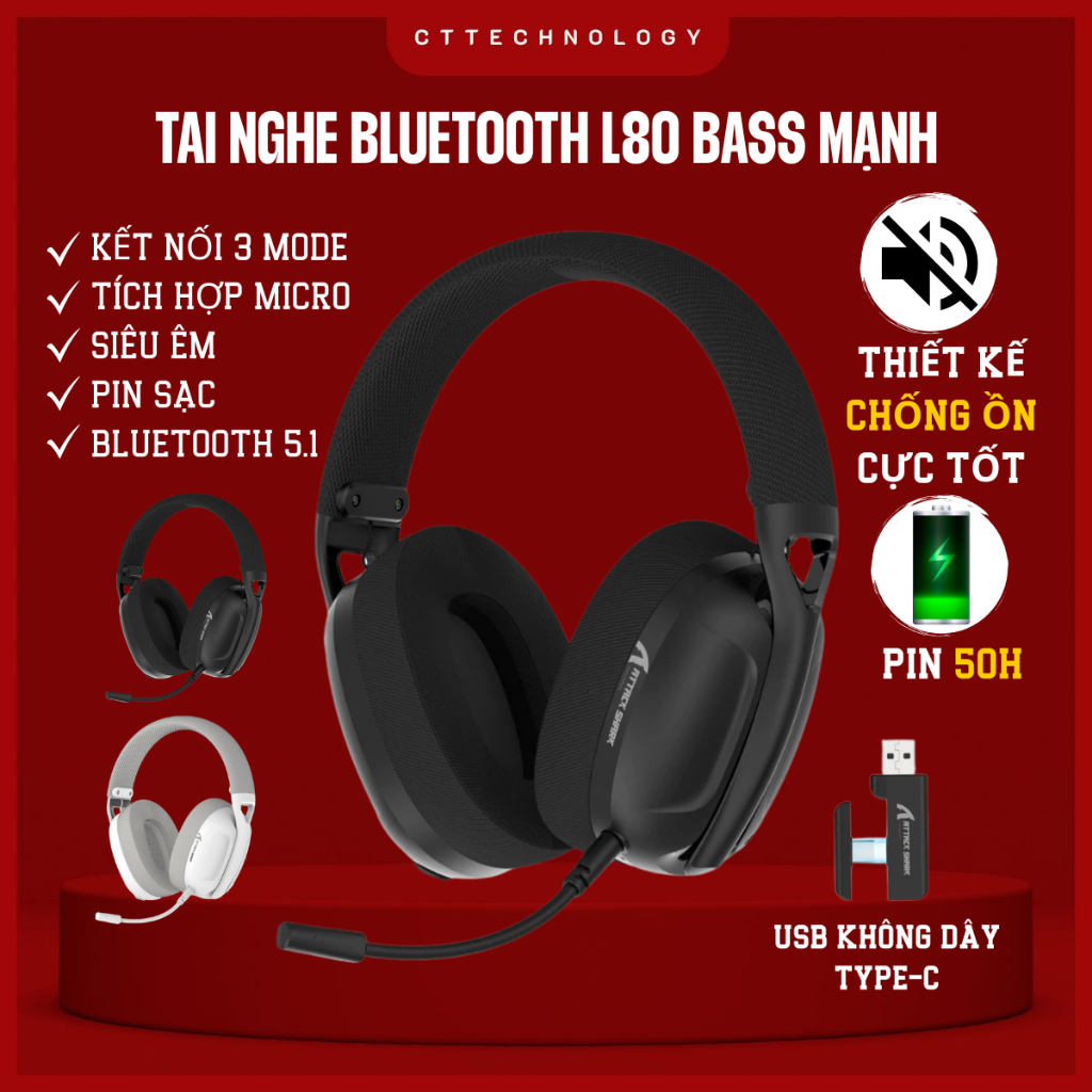 Tai Nghe Bluetooth Chụp Tai Không Dây Headphone Attack Shark L80 Âm Bass 3D Chơi Game Giải Trí