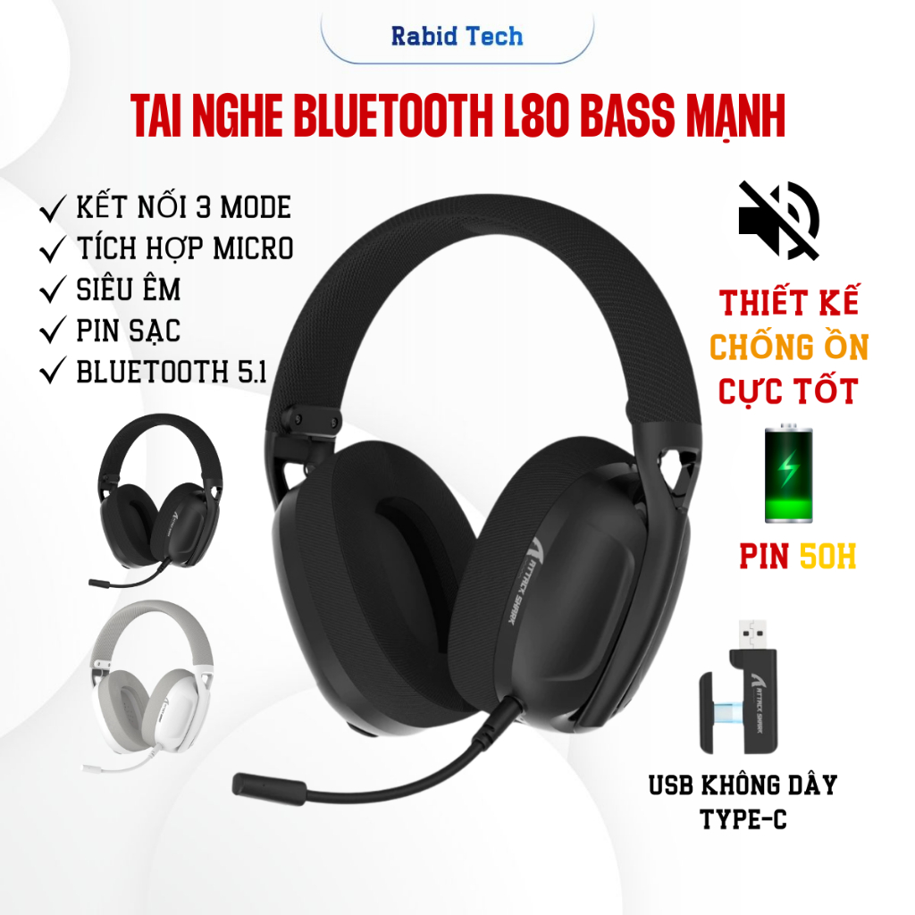 Tai Nghe Không Dây Chụp Tai Bluetooth Attack Shark L80 Super Bass, Âm Thanh Vòm, Có Mic Chơi Game Gi