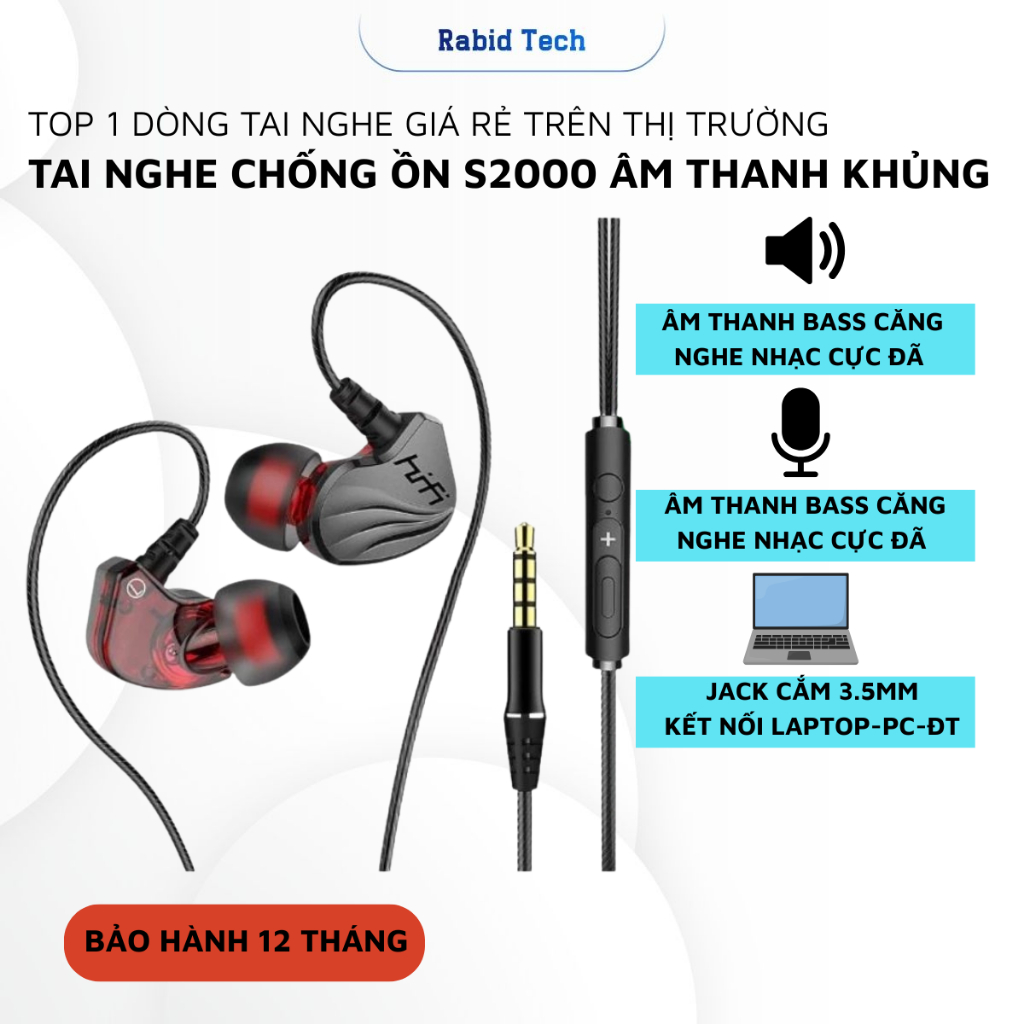 Tai Nghe Nhét Tai HiFi S2000 Pro Super Bass Chống Ồn Cực Tốt, Âm Thanh Khủng, Chơi Game Ngon