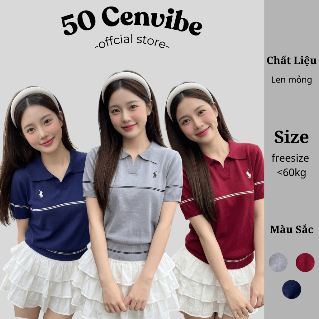 Áo Polo Nữ Len Mỏng Form Vừa, Áo Cổ Bẻ Kẻ Ngang Thêu Ngựa Hot Trend Phong Cách Korea (50 Cenvibe.Clo