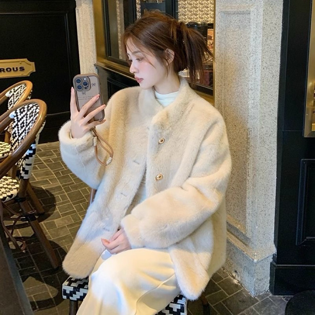 Áo khoác lông thỏ cao cấp ngắn, cổ đứng Quảng Châu 2027 Aline Store