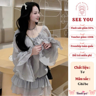  Váy tơ tiểu thư dạo phố dễ thương See You thiết kế cổ V phối bèo tay bồng nhún eo mix chân váy chữ A du lịch style hàn 