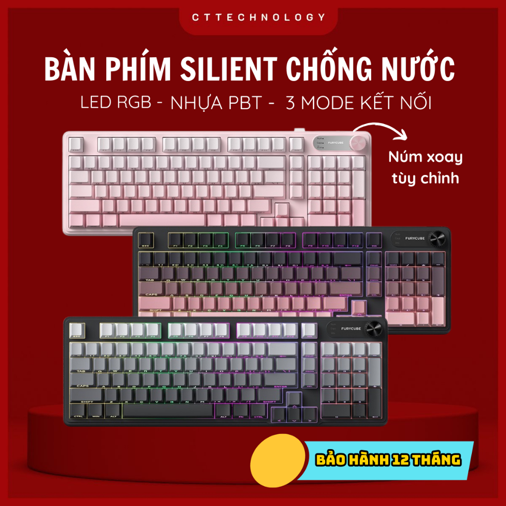 Bàn Phím Không Dây Bluetooth CTTech IP98, LED RGB, Có núm xoay, Chống nước, Phím PBT, Chống Ồn-BH12T