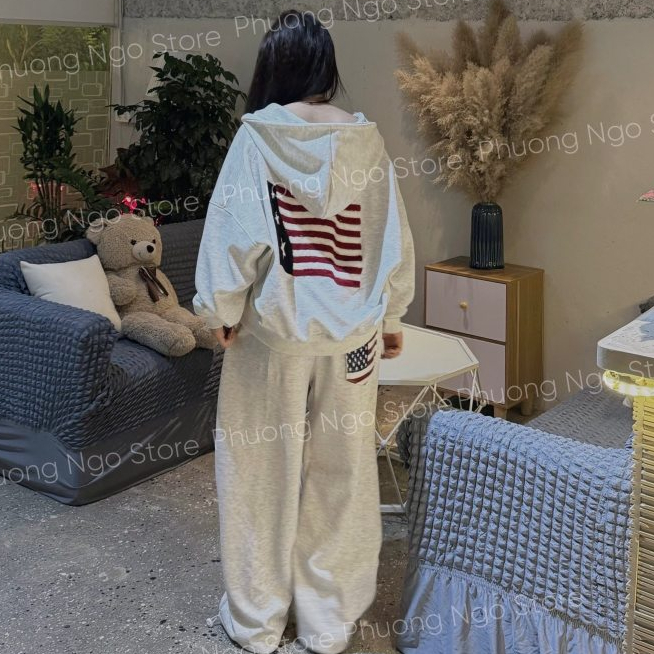 Bộ Nỉ Nữ Mũ Trần 2 Lớp In Hình Sao Cờ Mỹ form rộng tay dài Unisex Oversize Nam Nữ mặc đều đẹp