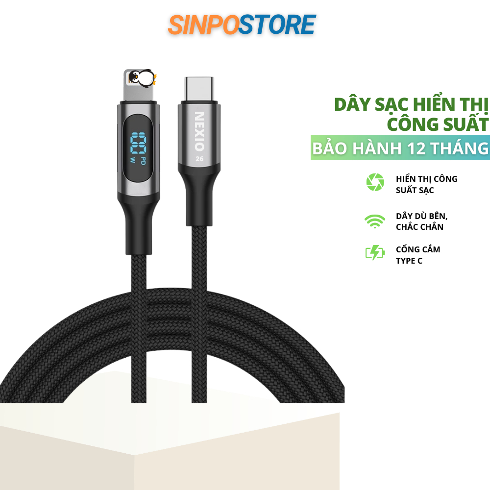 Dây sạc nhanh PD 27w hiển thị công suất không nóng máy cáp sạc bọc dù từ IP 7 - 17prm NEXIO Vifone