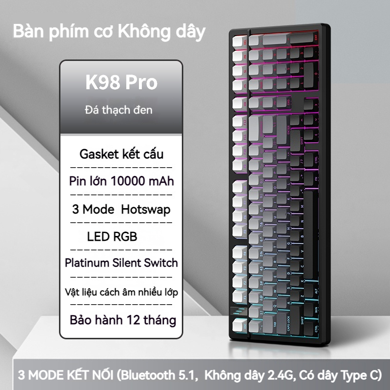 Bàn phím cơ k98 gaming Không dây Bluetooth Silent Switch LED RGB Có Hot-swap cho máy tính/laptop/ipad Có APP tùy chỉnh | BigBuy360 - bigbuy360.vn