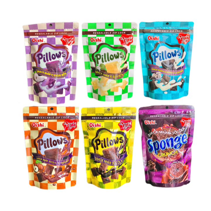 SNACK NHÂN KEM PILLOW VÀ SNACK OISHI TÚI ZIP 80G ĐỦ VỊ