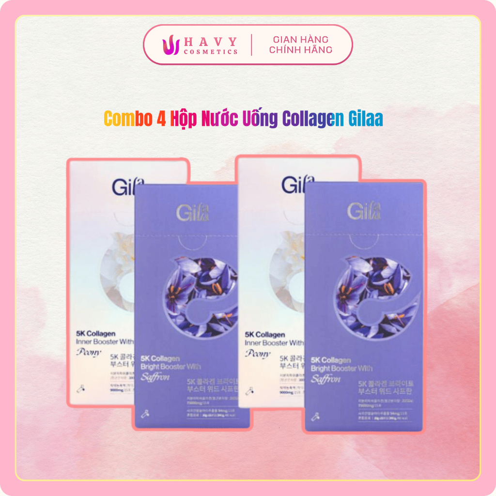 Combo 4 Hộp Thực Phẩm Bổ Sung Gilaa 5K Collagen Bright Booster With Saffron - Peony (20g x 15 gói) -