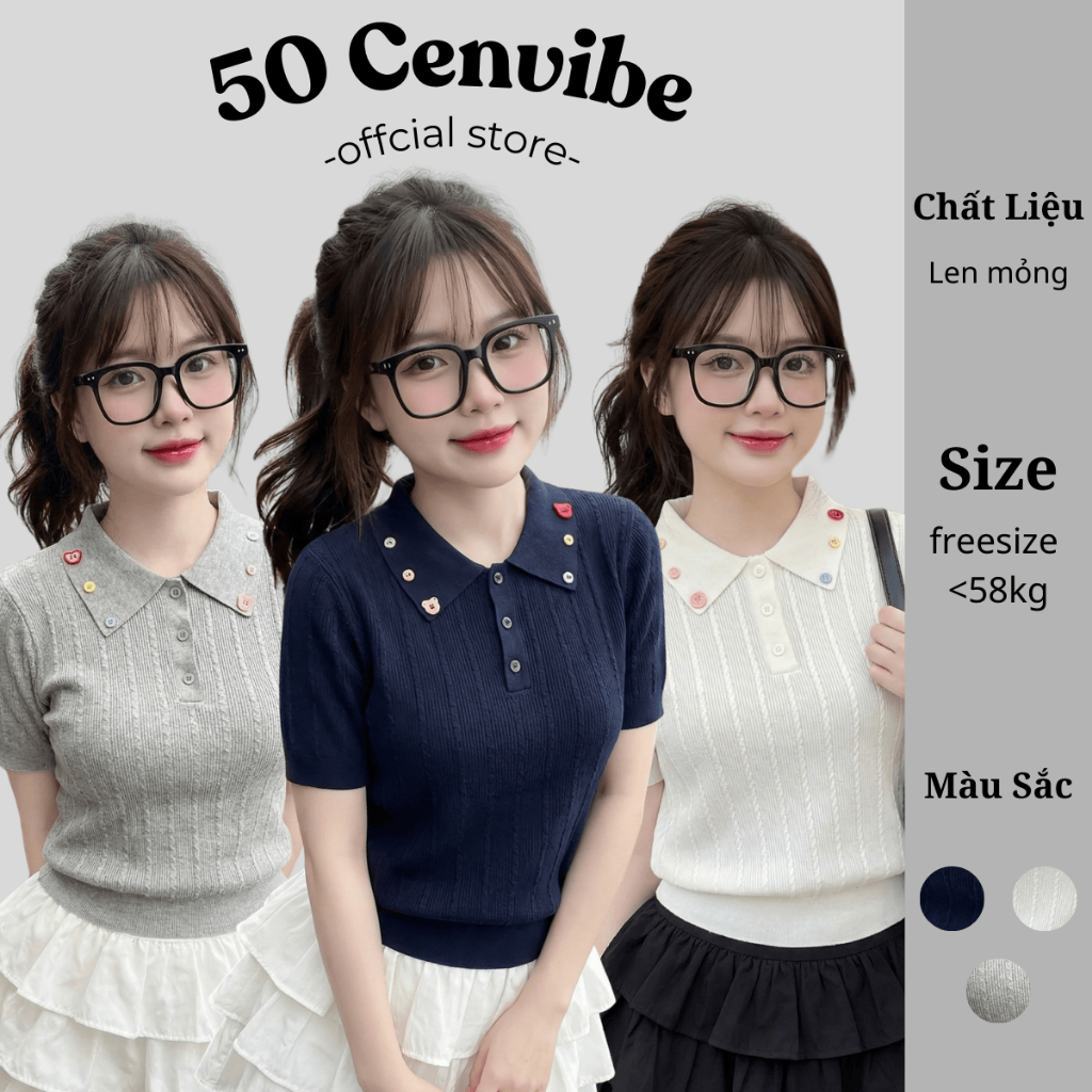 Áo Polo Len Mỏng Nữ Côc Tay, Chất Len Thoáng Mát Đính Cúc Trang Trí Phong Cách Korea (50 Cenvibe.Clo